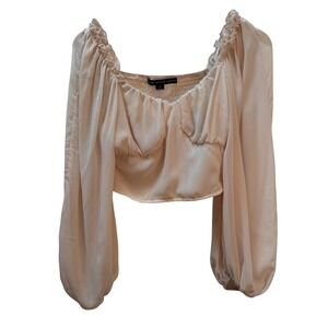 Hyfve Cream Smocked Back Balloon Sleeve Ruched Crop Top HF22A874 Womens Small